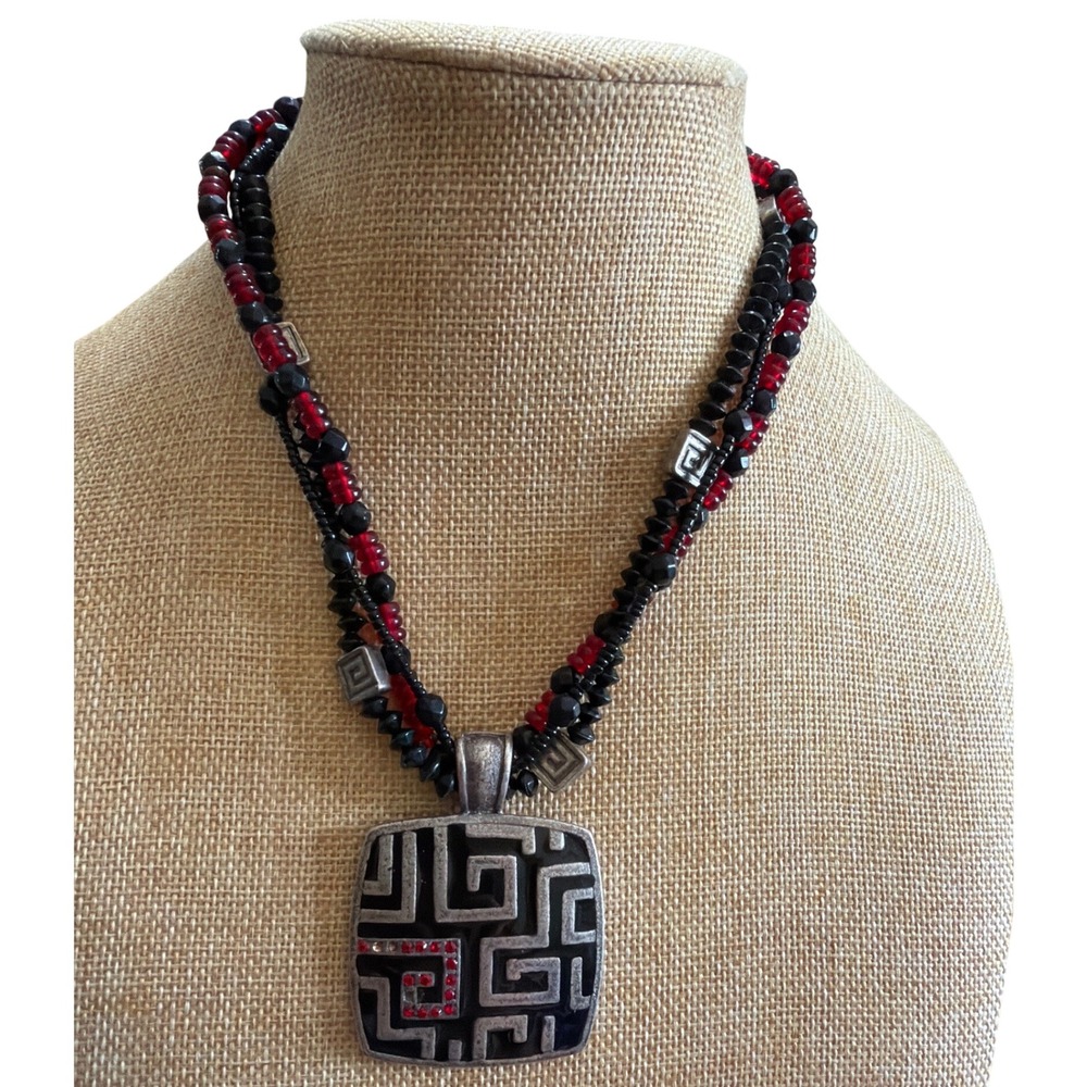 Multi Strand Beaded Geometric Greek‎ Key Pendant Necklace Red Black Silver Tone